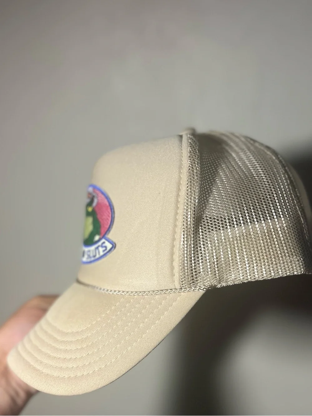 Women’s Beige Trucker Hat with Green Frog Patch and Pink Accent “Giddy Up Sl*ts